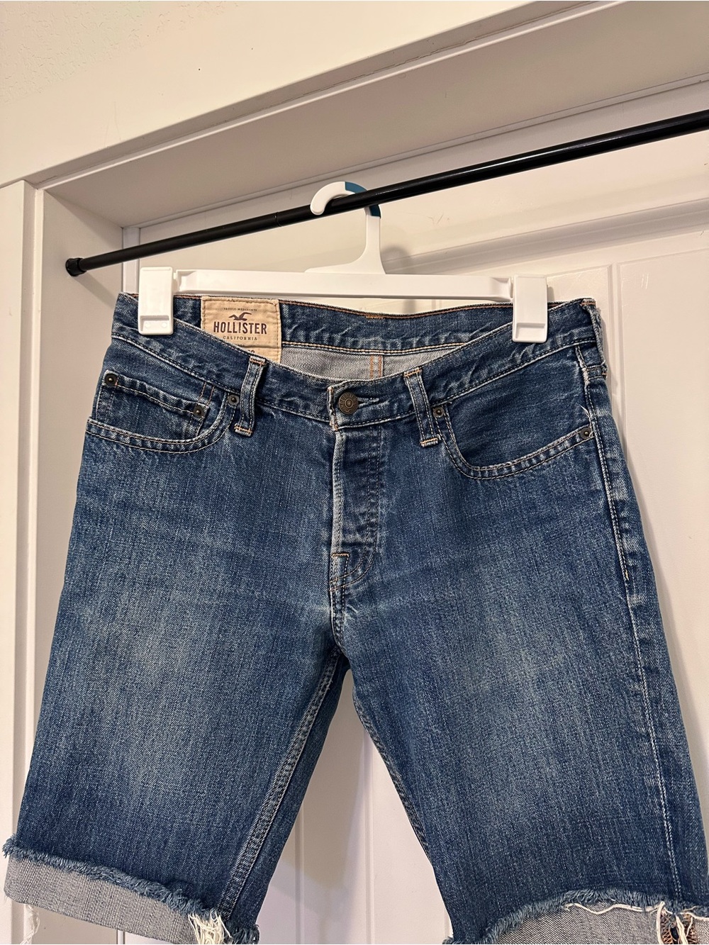 Hollister Men's Dark Blue Distressed Denim Cutoff Shorts